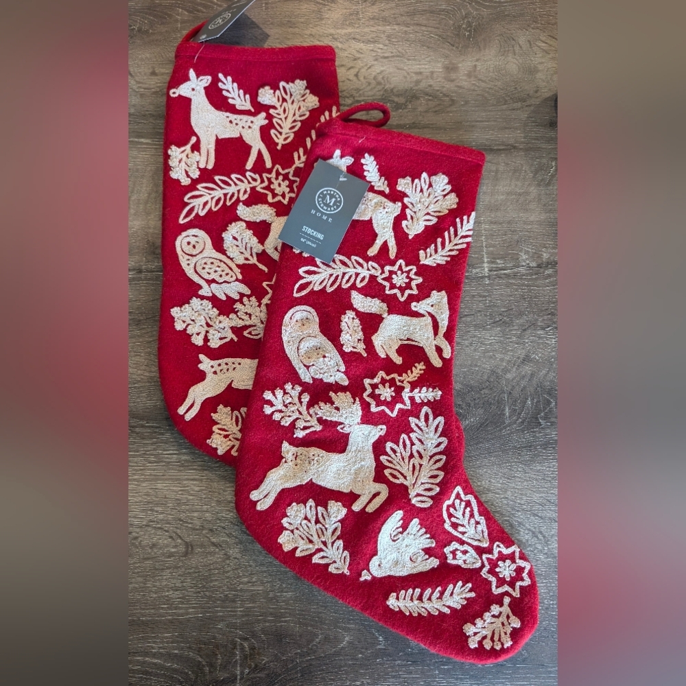 Martha Stewart Embroidered WOODLAND FOLK Christmas Stocking Set NWT